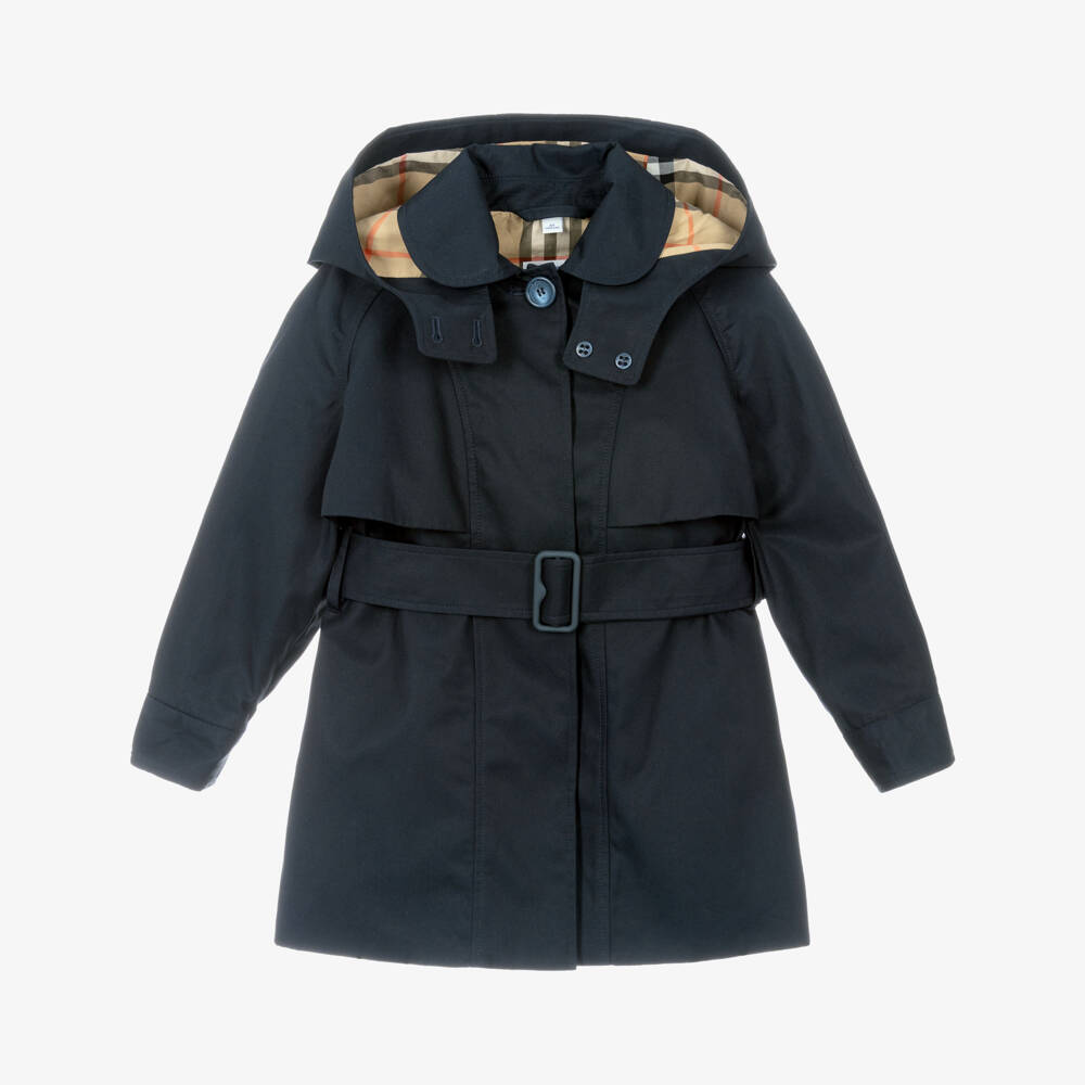 Burberry-Girls Blue Cotton Twill Trench Coat with Detachable Hood | Childrensalon Outlet