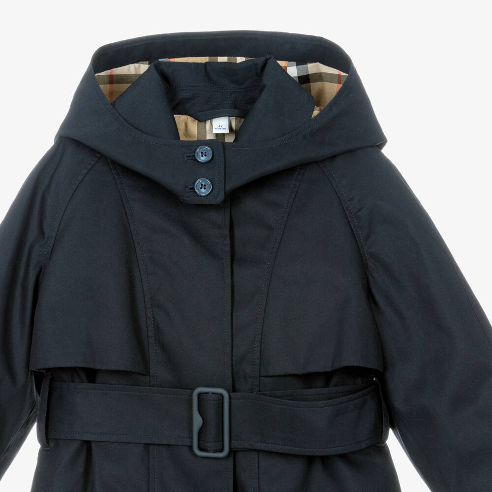 Burberry-Girls Blue Cotton Twill Trench Coat with Detachable Hood | Childrensalon Outlet