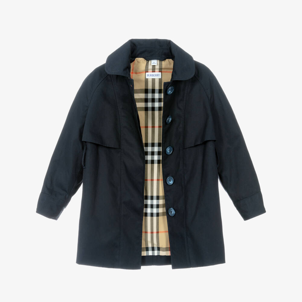Burberry-Girls Blue Cotton Twill Trench Coat with Detachable Hood | Childrensalon Outlet