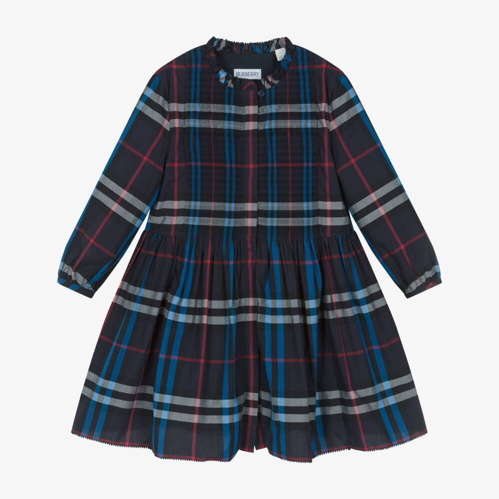 Burberry-Girls Blue Plaid Cotton Dress | Childrensalon Outlet