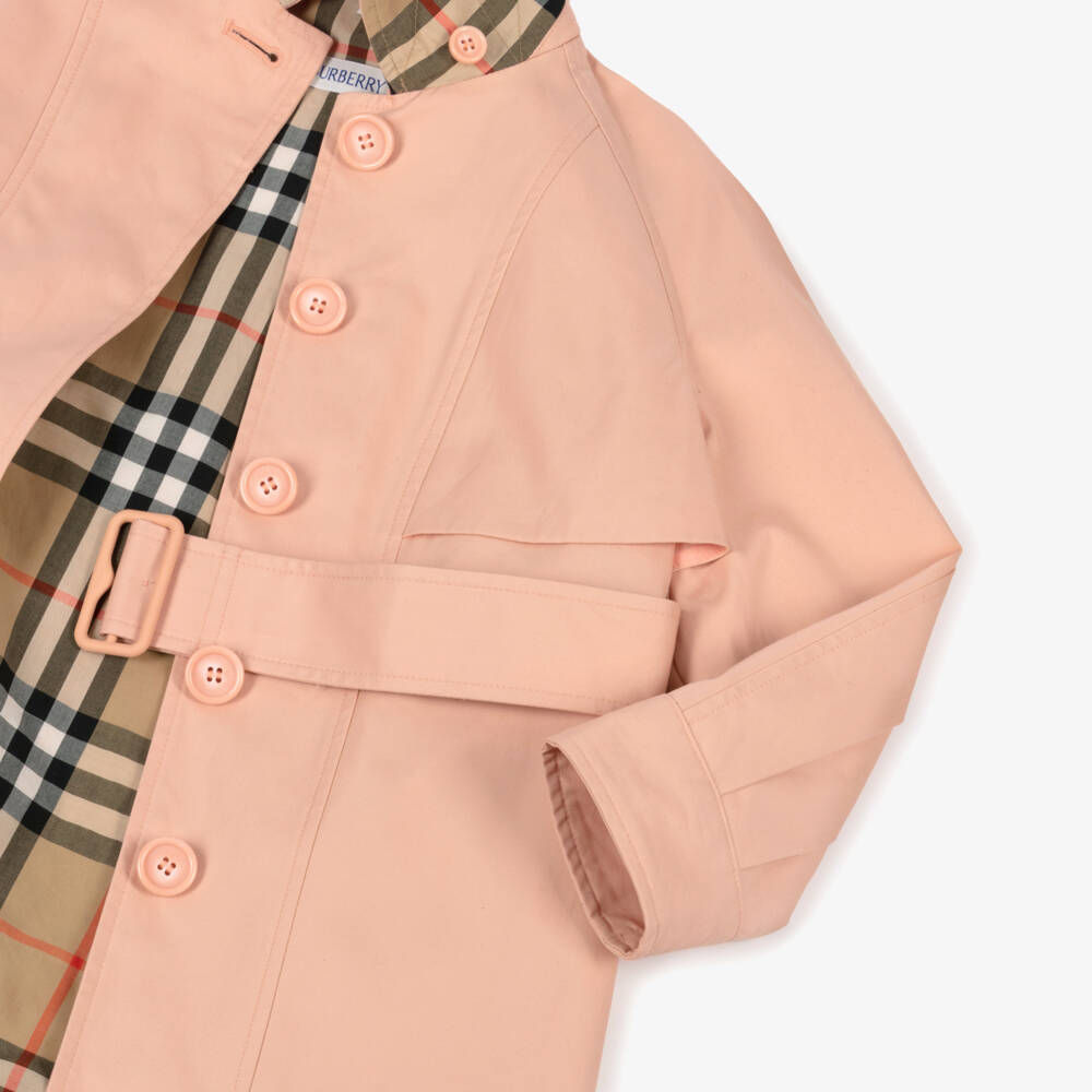 Burberry-معطف قطني وردي فاتح للبنات مع قبعة | Childrensalon Outlet
