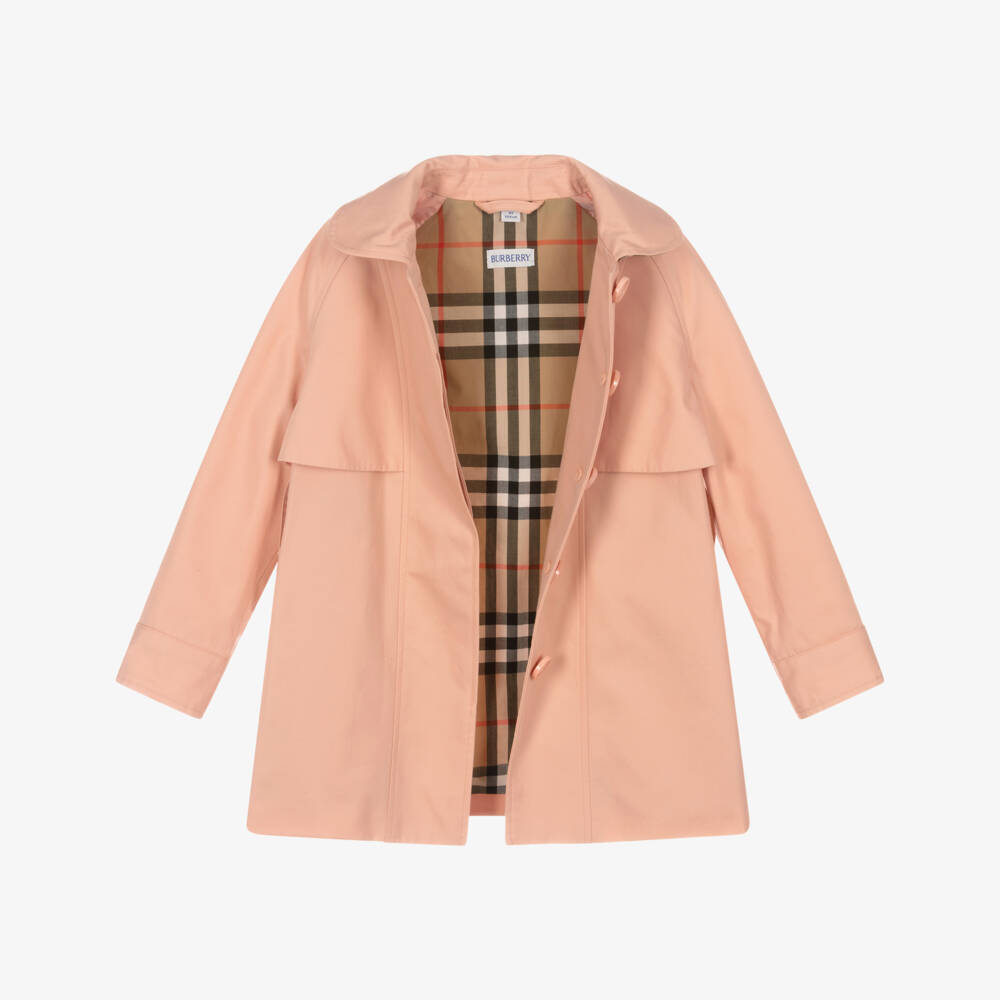 Burberry-معطف قطني وردي فاتح للبنات مع قبعة | Childrensalon Outlet