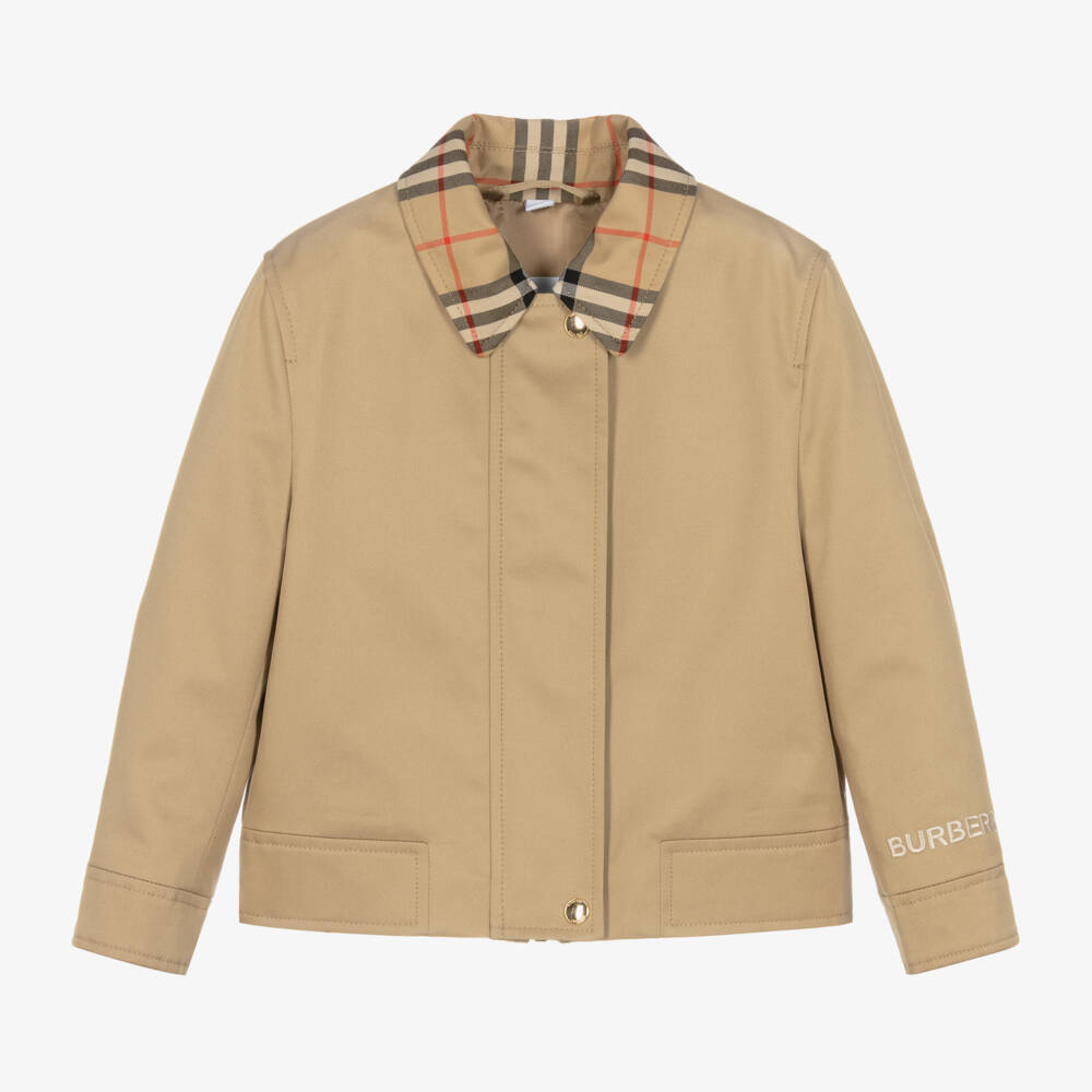 Burberry-Girls Checked Beige Gabardine Coat | Childrensalon Outlet