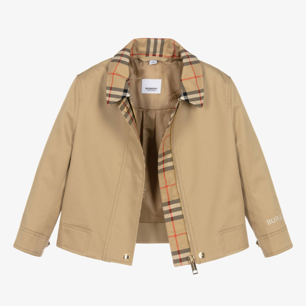 Burberry-Girls Checked Beige Gabardine Coat | Childrensalon Outlet