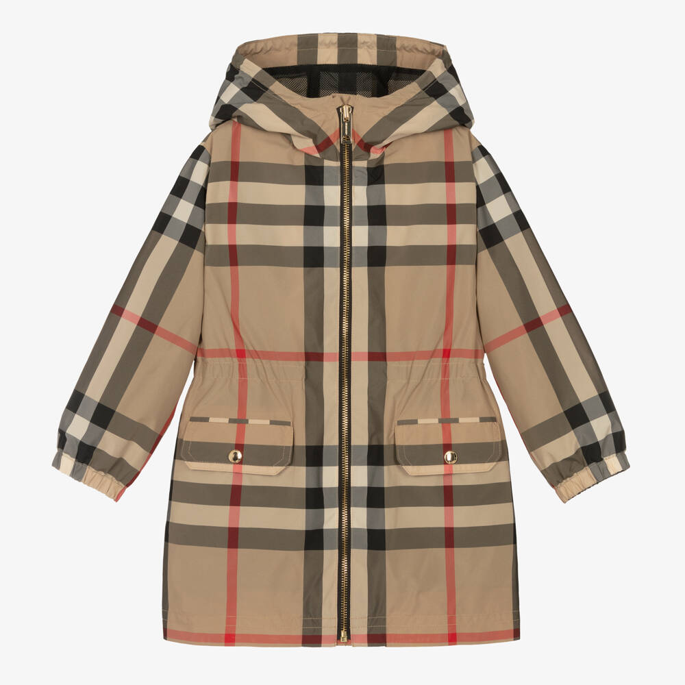 Burberry-Girls Classic Beige Checkered Coat | Childrensalon Outlet