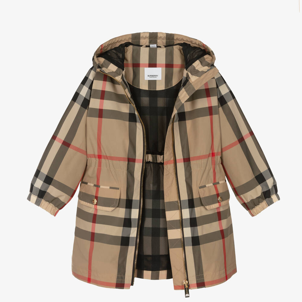 Burberry-Girls Classic Beige Checkered Coat | Childrensalon Outlet