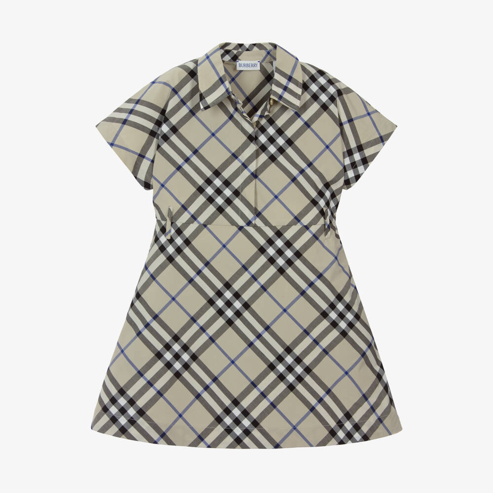 Burberry-قميص ستايل فستان كاروهات قطن لون رمادي | Childrensalon Outlet