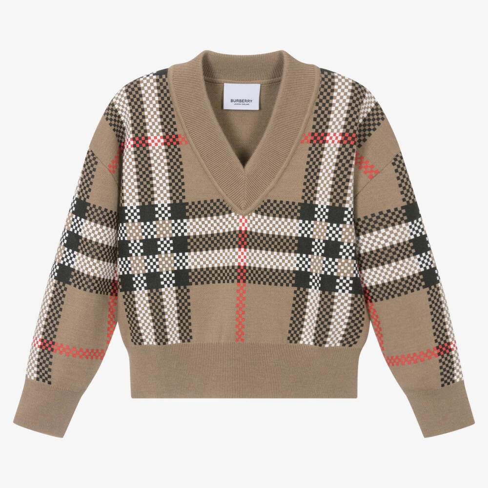 Burberry-Girls Cozy Beige Plaid Pullover | Childrensalon Outlet