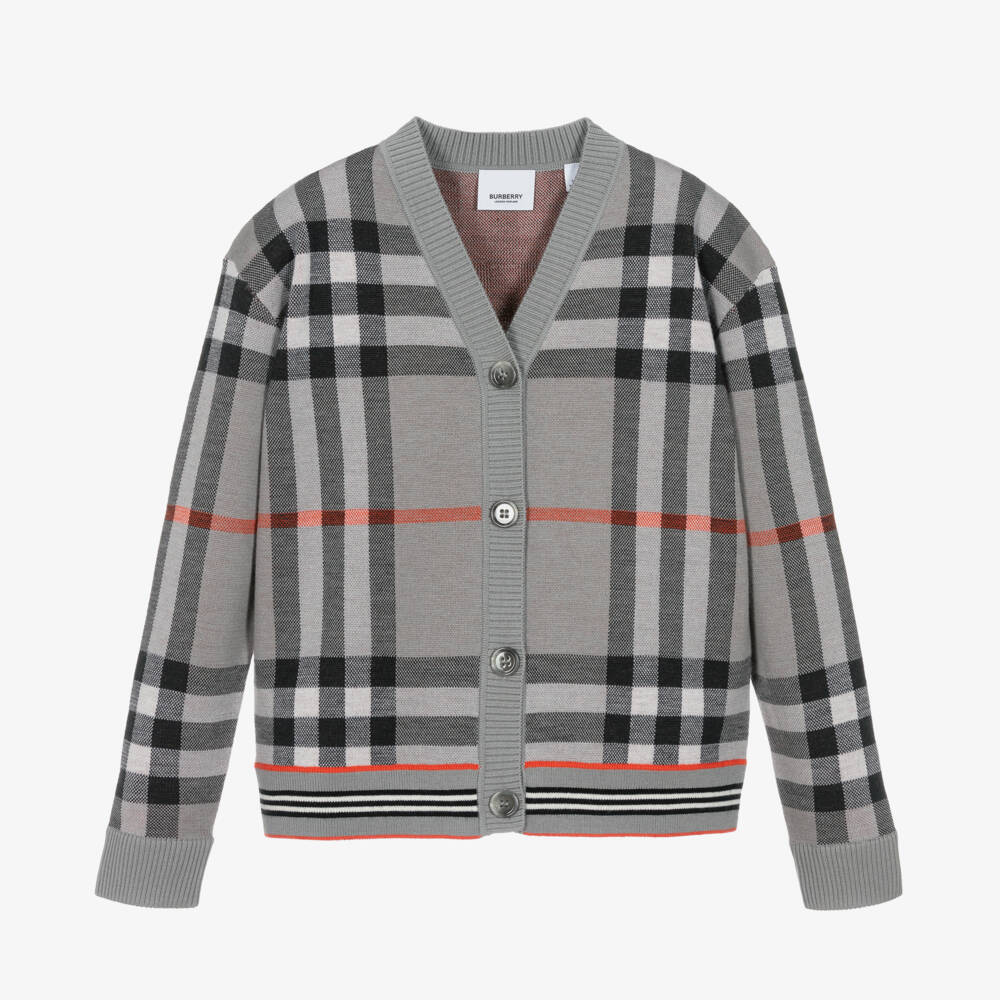 Burberry-Girls Cozy Grey Tartan Knit Cardigan | Childrensalon Outlet