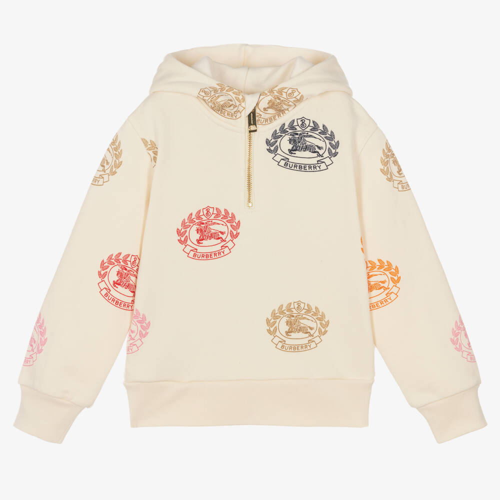 Burberry-Girls Cream Cotton Emblem Hoodie | Childrensalon Outlet