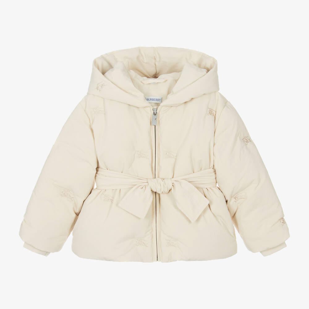 Burberry-Girls Cream Hooded Quilted Coat | Childrensalon Outlet