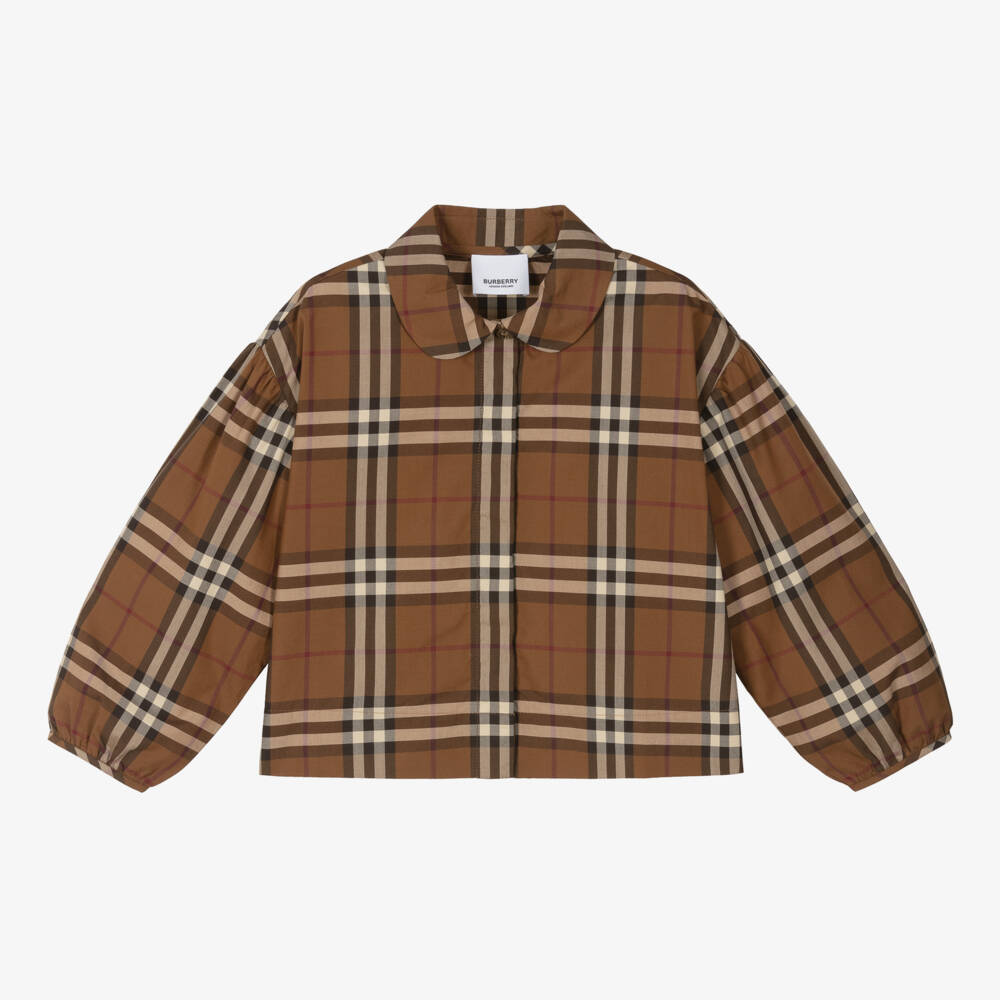 Burberry-بلوزة بناتية بنقشة مربعات بلون البتولا الداكن | Childrensalon Outlet