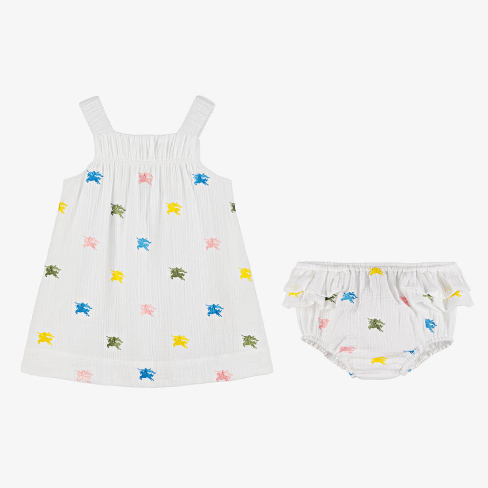 Burberry-Girls' Elegant Ivory Cotton Logo Dress | Childrensalon Outlet
