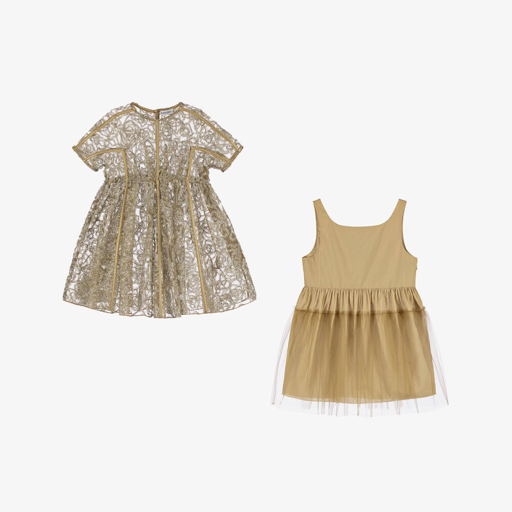 Burberry-فستان احتفالي ذهبي لامع للبنات | Childrensalon Outlet