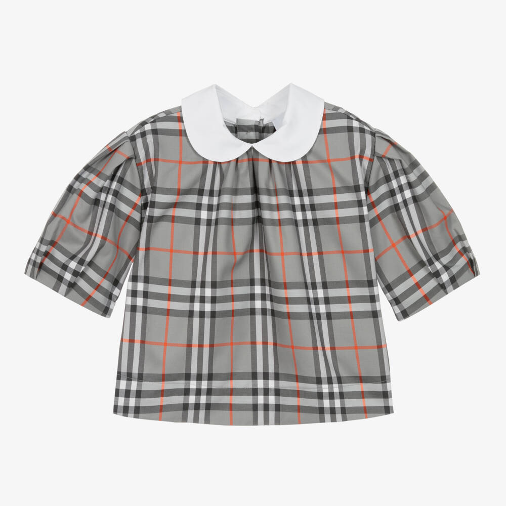 Burberry-بلوزة قطنية رمادية بنقشة مربعات للبنات | Childrensalon Outlet