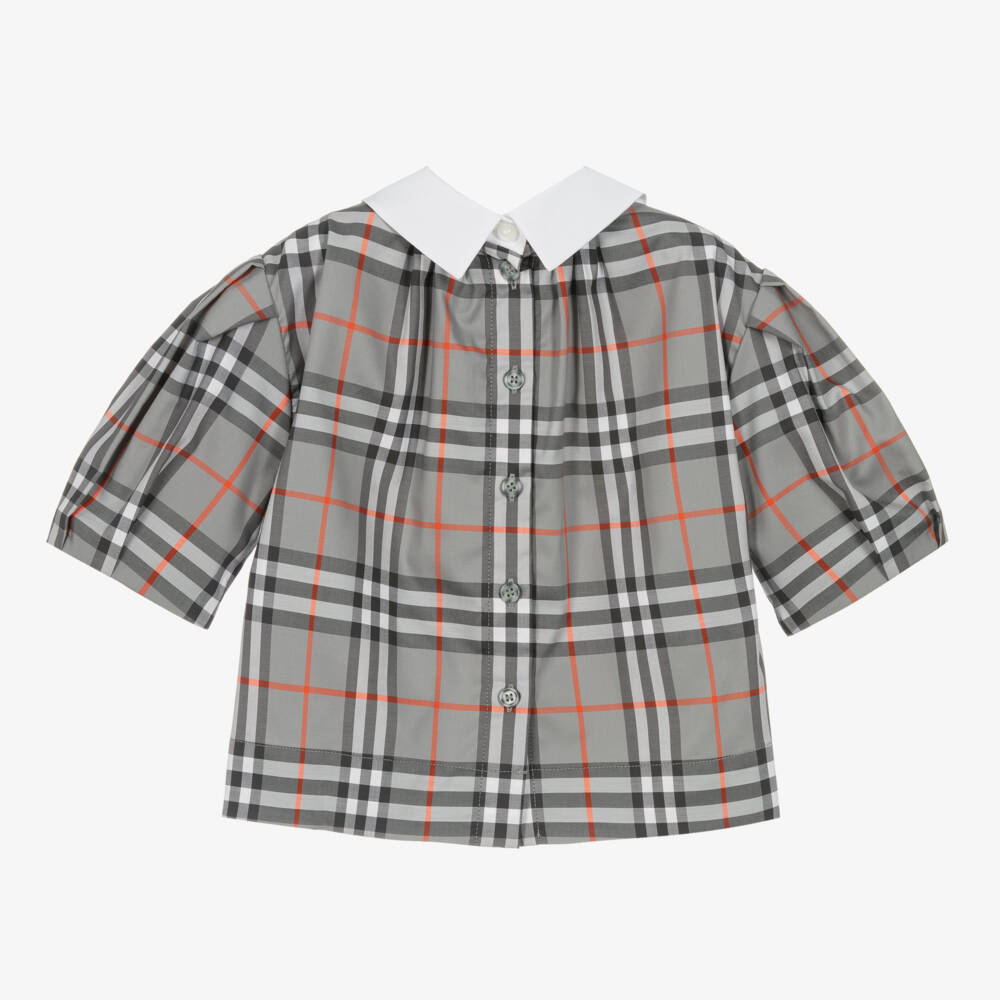 Burberry-Girls Grey Checkered Cotton Top | Childrensalon Outlet