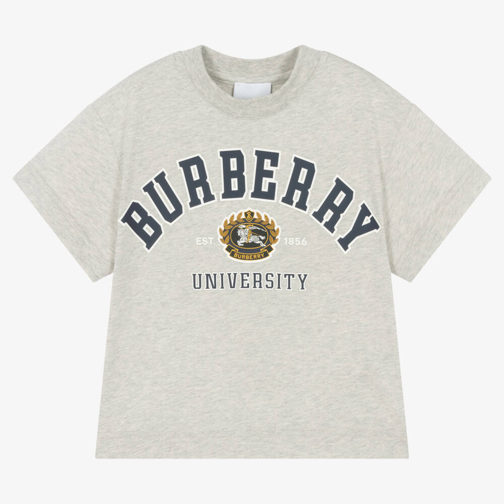 Burberry-Girls Grey Cotton Varsity Tee | Childrensalon Outlet