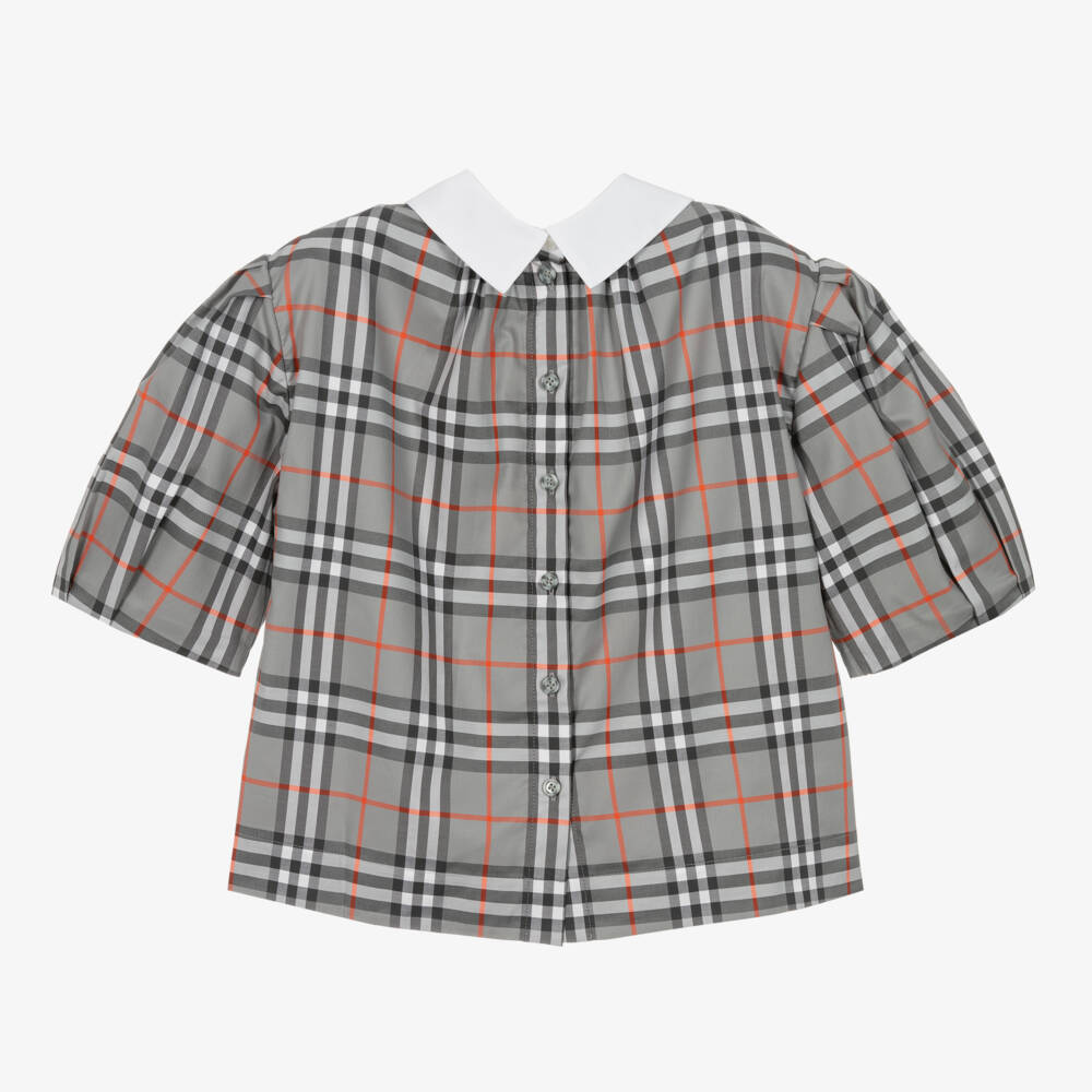 Burberry-Girls Grey Stretch Check Cotton Top | Childrensalon Outlet