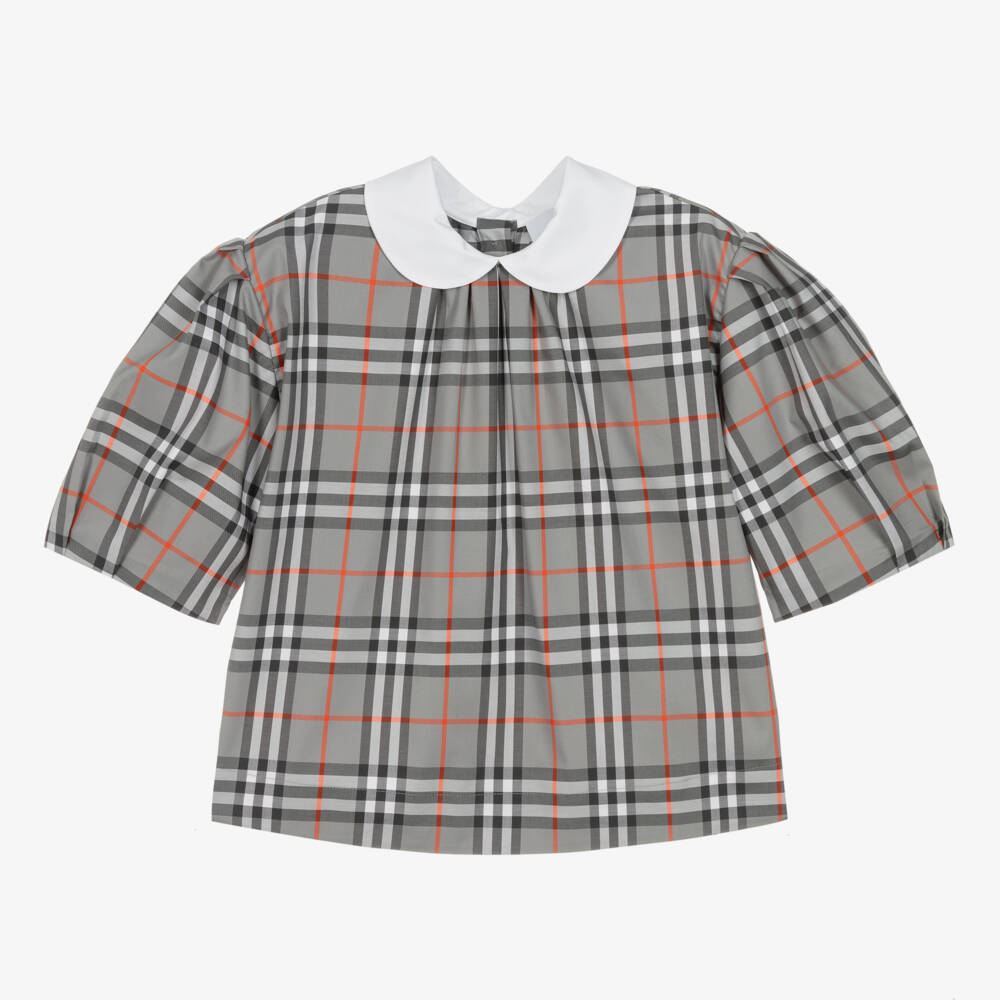 Burberry-Girls Grey Stretch Check Cotton Top | Childrensalon Outlet