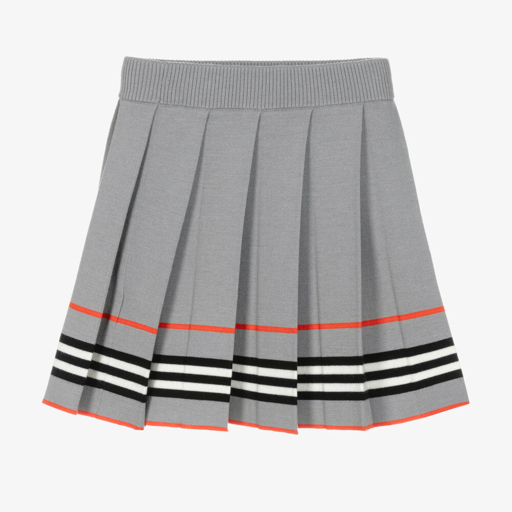 Burberry-Girls Grey Wool Pleated Stripe Skirt | Childrensalon Outlet
