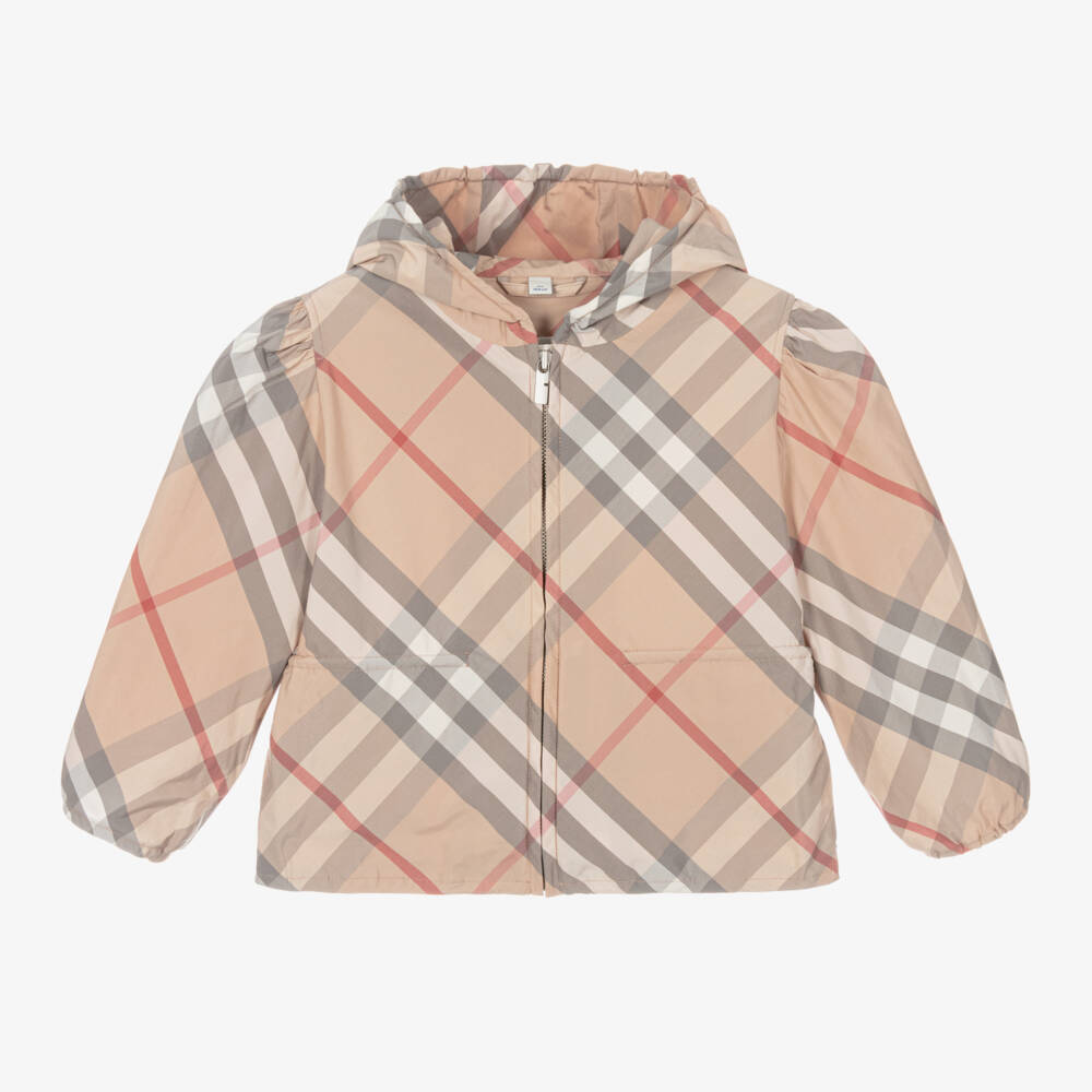 Burberry-Girls Hooded Beige Check Jacket | Childrensalon Outlet
