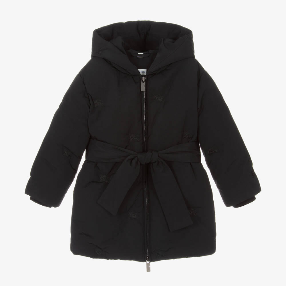 Burberry-Girls Hooded Black Belted Coat | Childrensalon Outlet