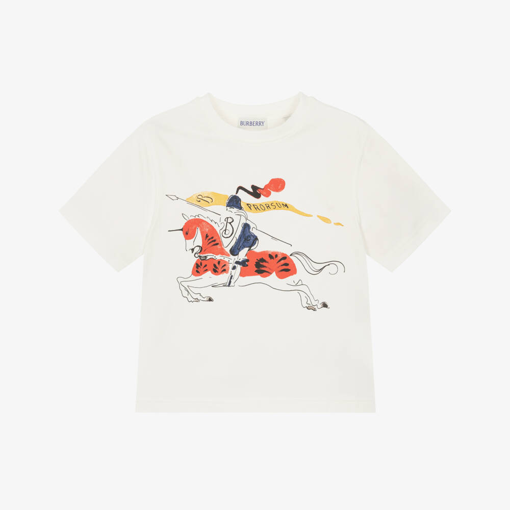 Burberry-Girls Ivory Cotton T-Shirt with Large Red & Blue EKD Logo | Childrensalon Outlet