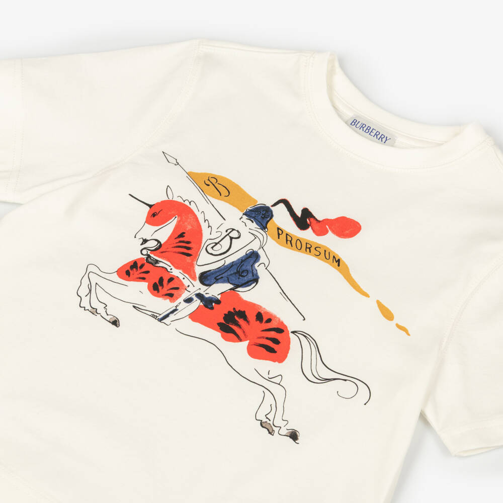 Burberry-Girls Ivory Cotton T-Shirt with Large Red & Blue EKD Logo | Childrensalon Outlet