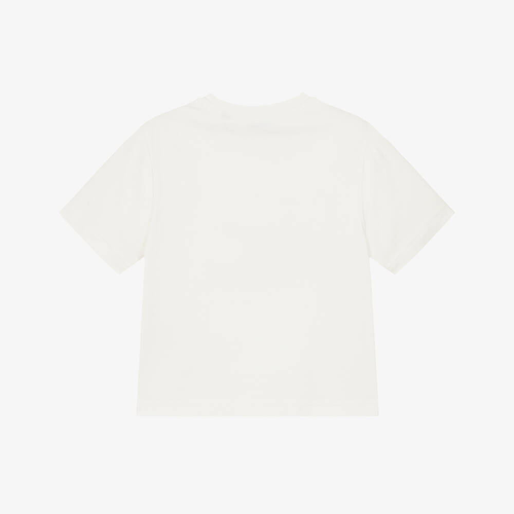 Burberry-Girls Ivory Cotton T-Shirt with Large Red & Blue EKD Logo | Childrensalon Outlet
