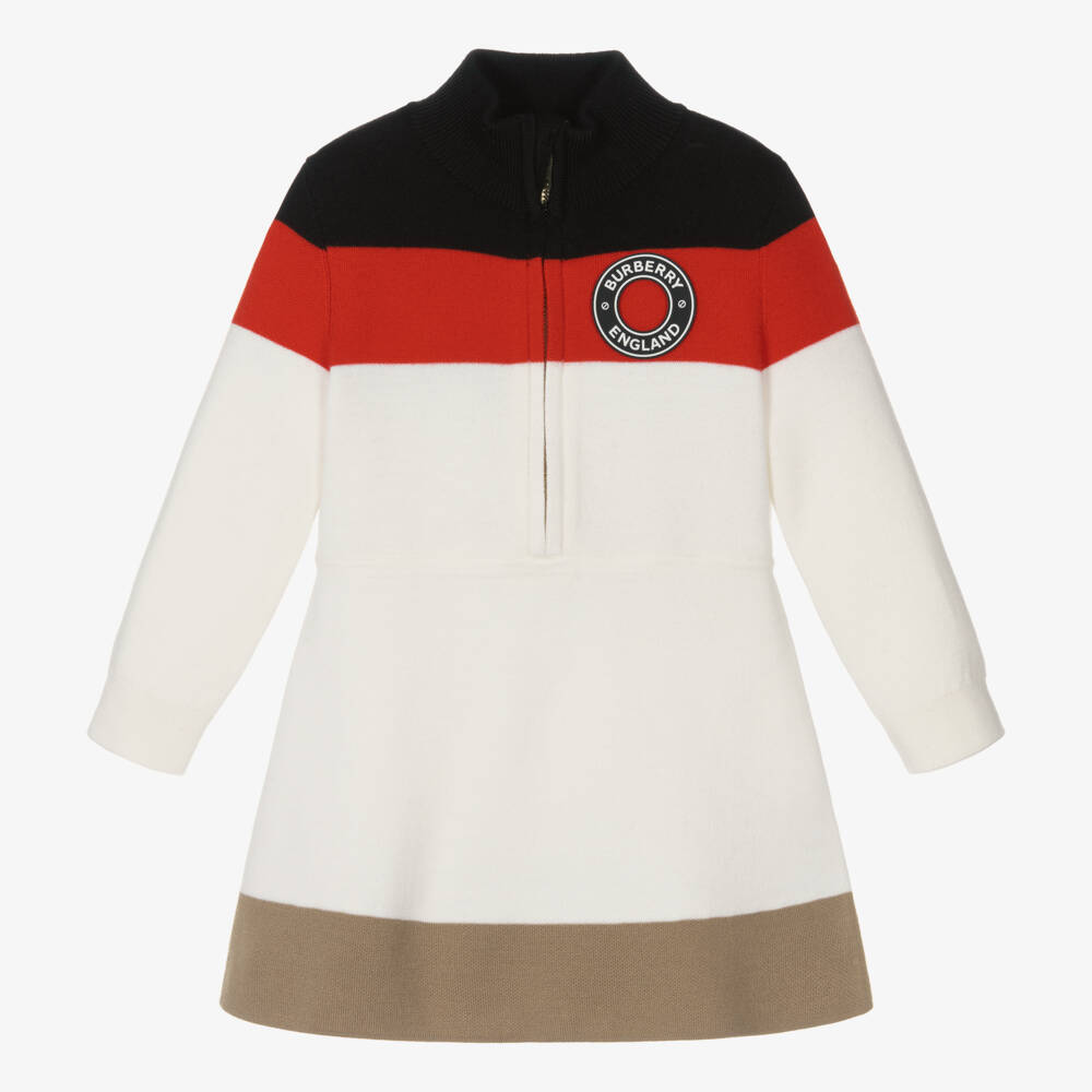 Burberry-Girls Ivory-Red Merino Stripe Dress | Childrensalon Outlet