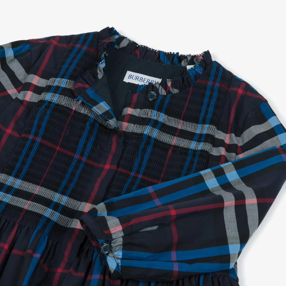 Burberry-Girls Navy Blue & Red Check Cotton Dress with Shirring | Childrensalon Outlet