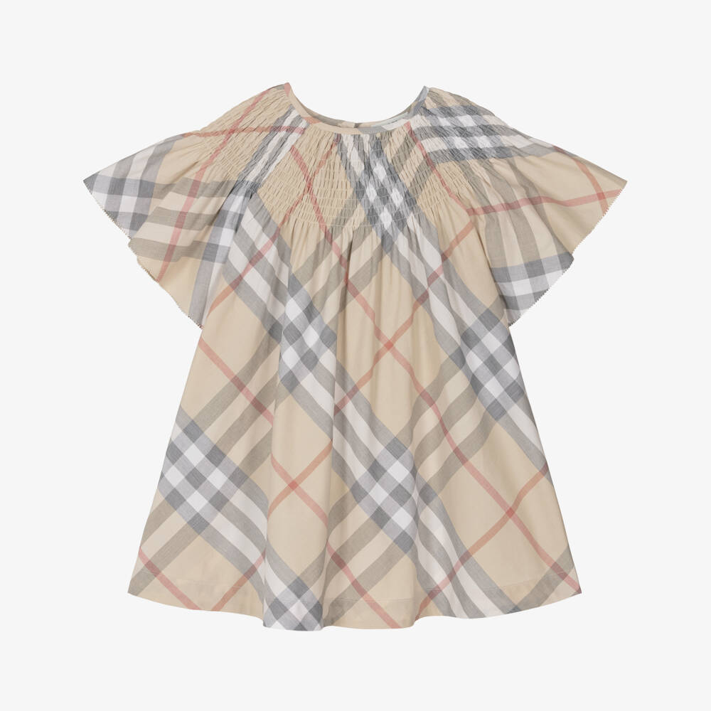 Burberry-فستان بناتي بيج بنقشة مربعات عضوي | Childrensalon Outlet