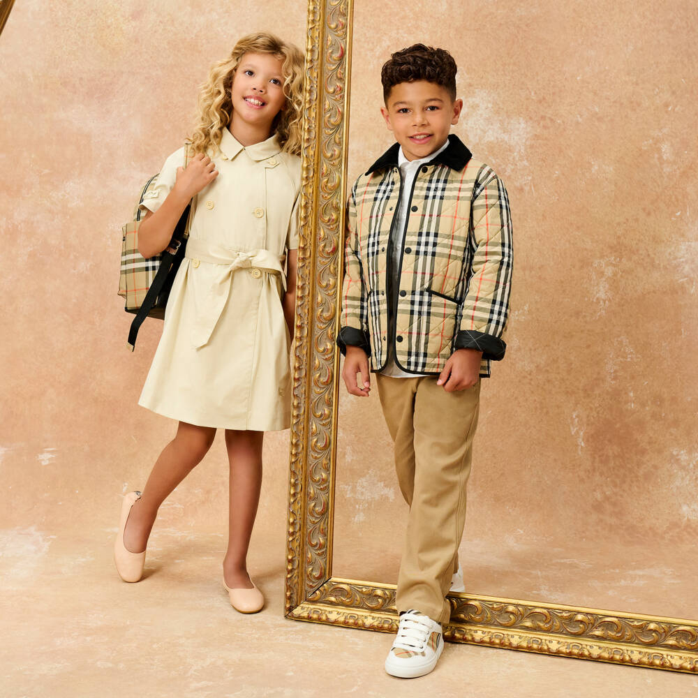Burberry-فستان ترنش قطني بيج للبنات | Childrensalon Outlet