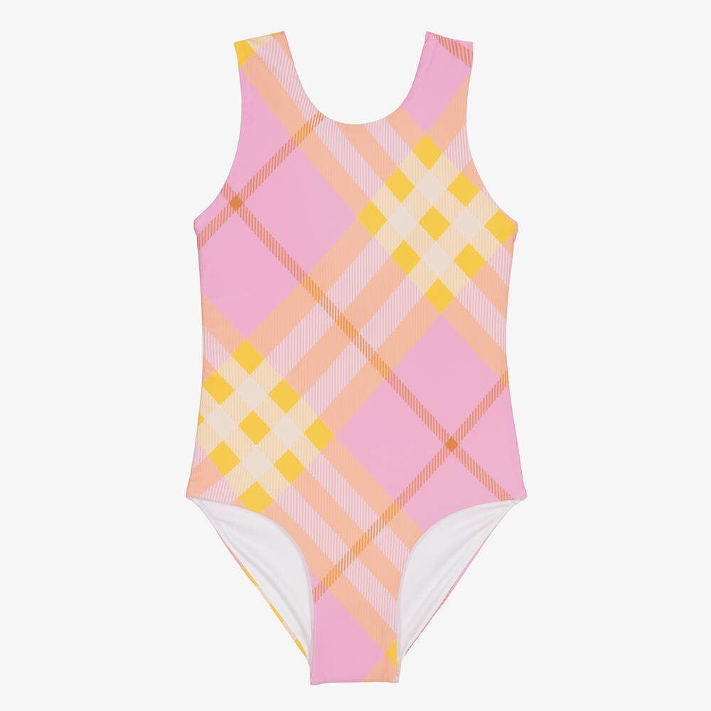 Burberry-Girls Pink and Yellow Plaid Swimsuit | Childrensalon Outlet