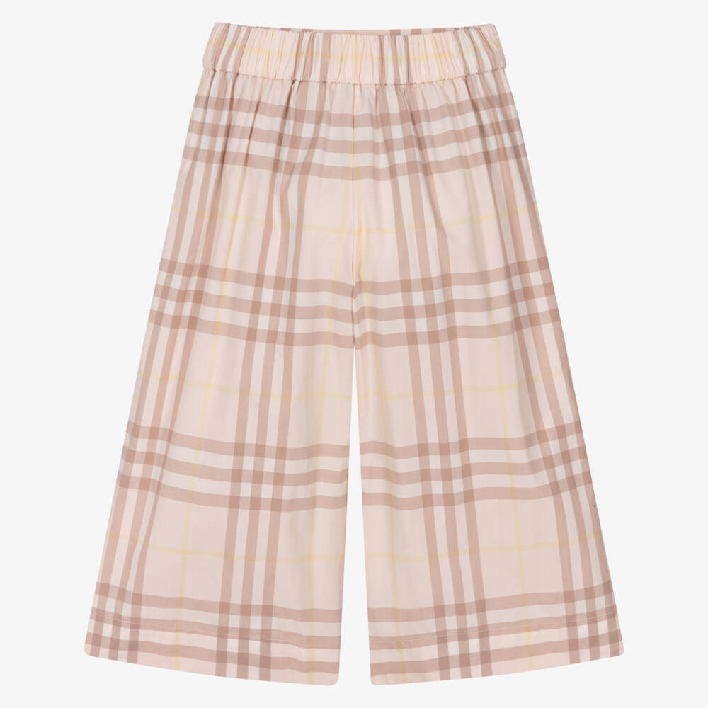 Burberry-Girls Pink Check Wide Leg Cotton Trousers | Childrensalon Outlet