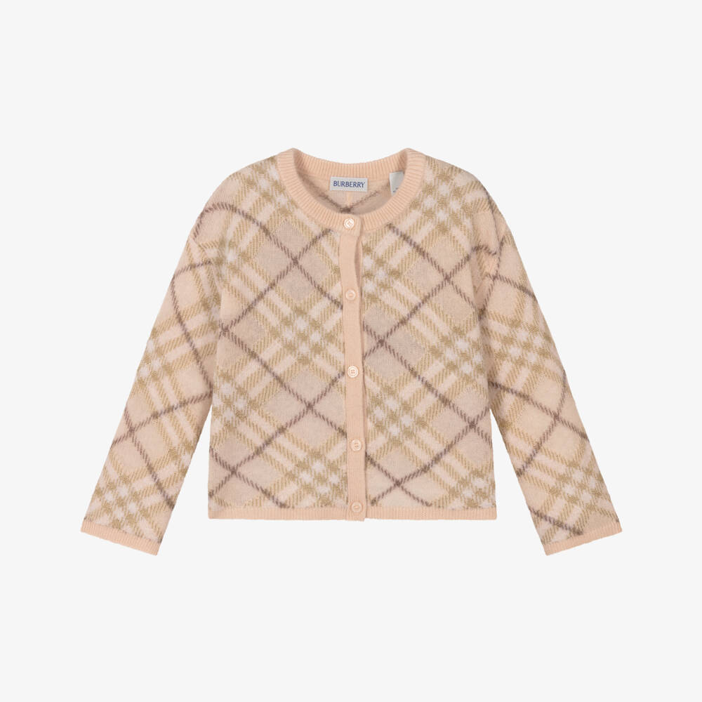 Burberry-كارديغان صوف وردي بنقشة مربعات للبنات | Childrensalon Outlet