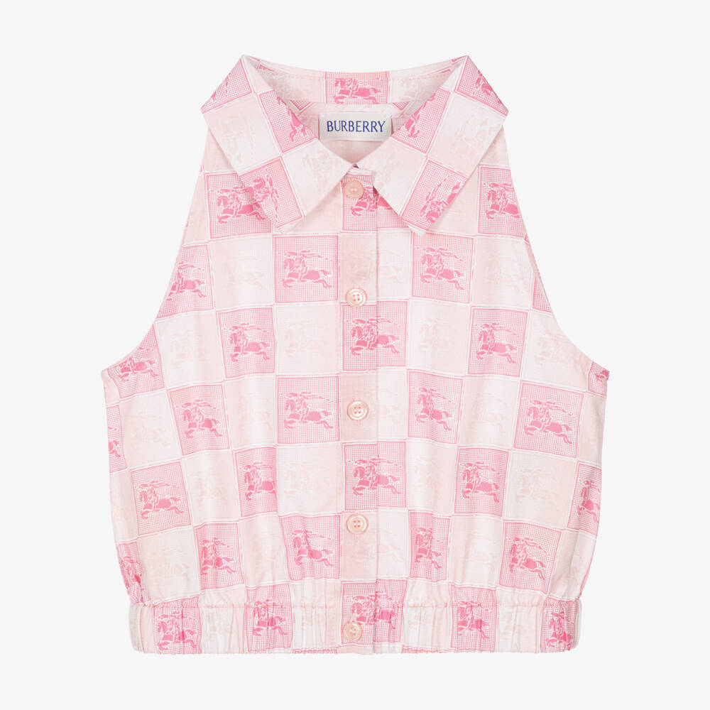 Burberry-Girls Pink Cotton EKD Checkerboard Blouse | Childrensalon Outlet