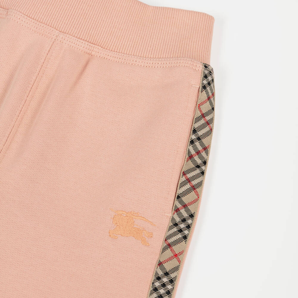 Burberry-Girls Pink Cotton Joggers with Check Trim & EKD Logo | Childrensalon Outlet