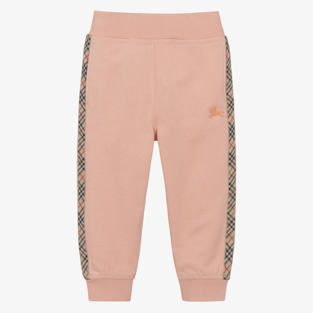 Burberry-Girls Pink Cotton Joggers with Check Trim & EKD Logo | Childrensalon Outlet