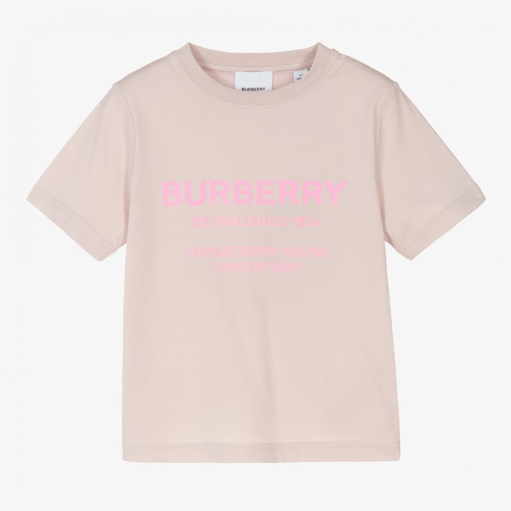 Burberry - Girls Pink Cotton Logo T-Shirt | Childrensalon
