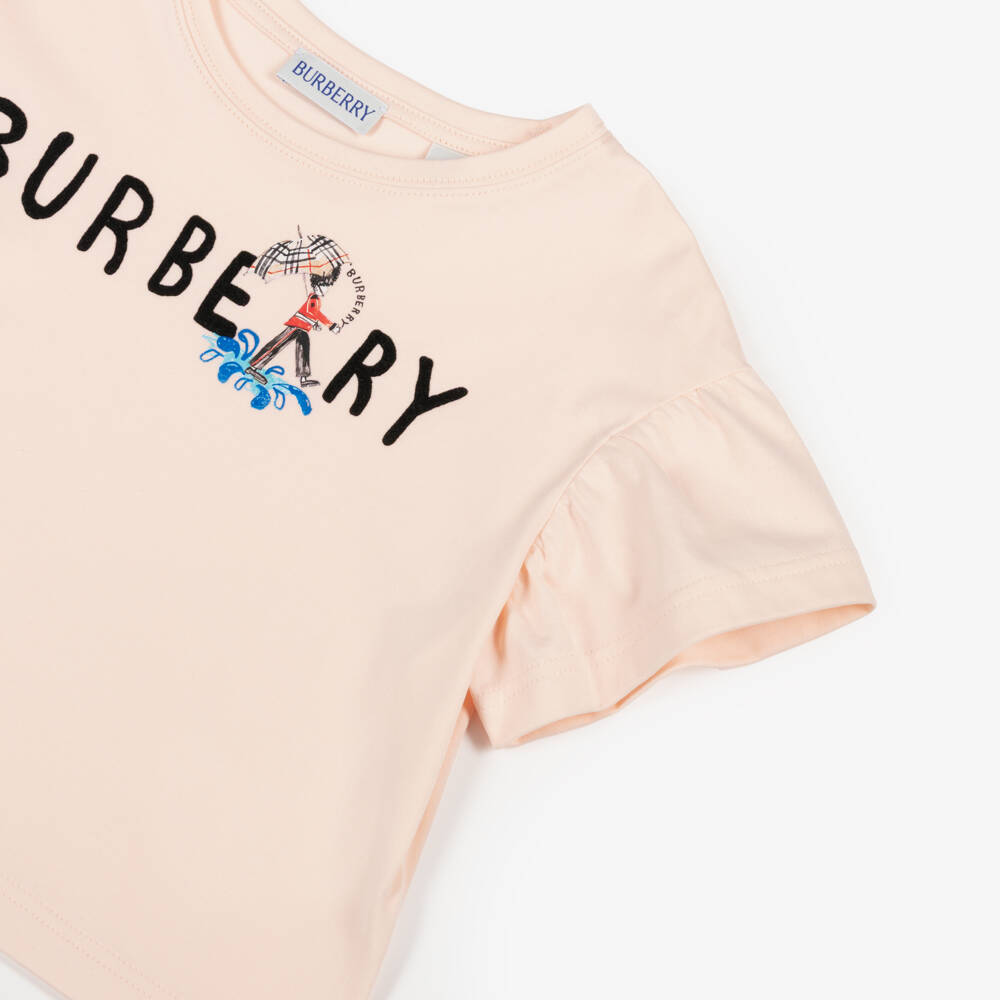 Burberry-Girls Pink Cotton T-Shirt with King's Guard Logo | Childrensalon Outlet