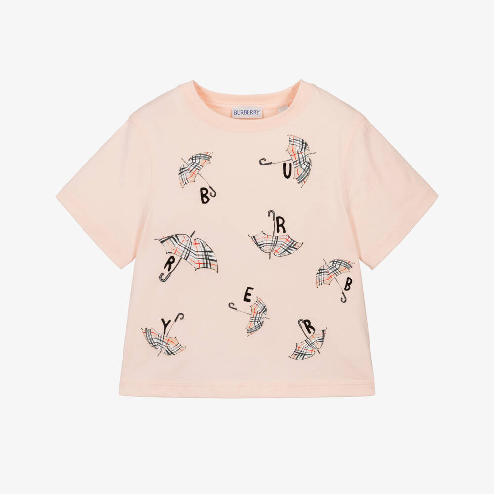 Burberry-Girls Pink Cotton T-Shirt with Umbrella Print | Childrensalon Outlet