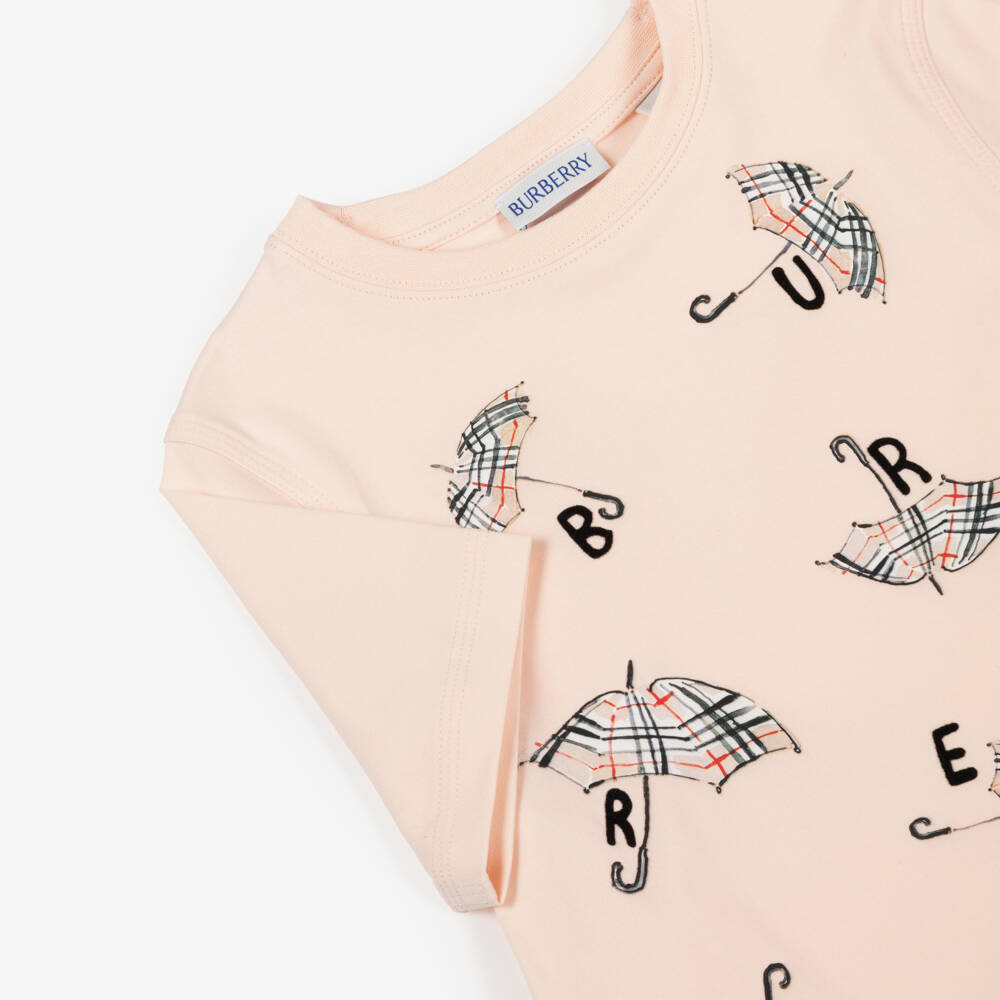 Burberry-Girls Pink Cotton T-Shirt with Umbrella Print | Childrensalon Outlet