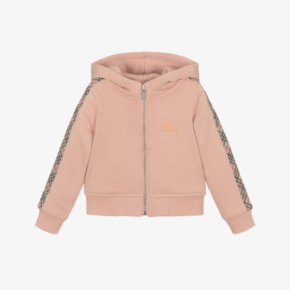 Burberry-Girls Pink Cotton Zip-Up Hoodie with Check Trim & EKD Logo | Childrensalon Outlet