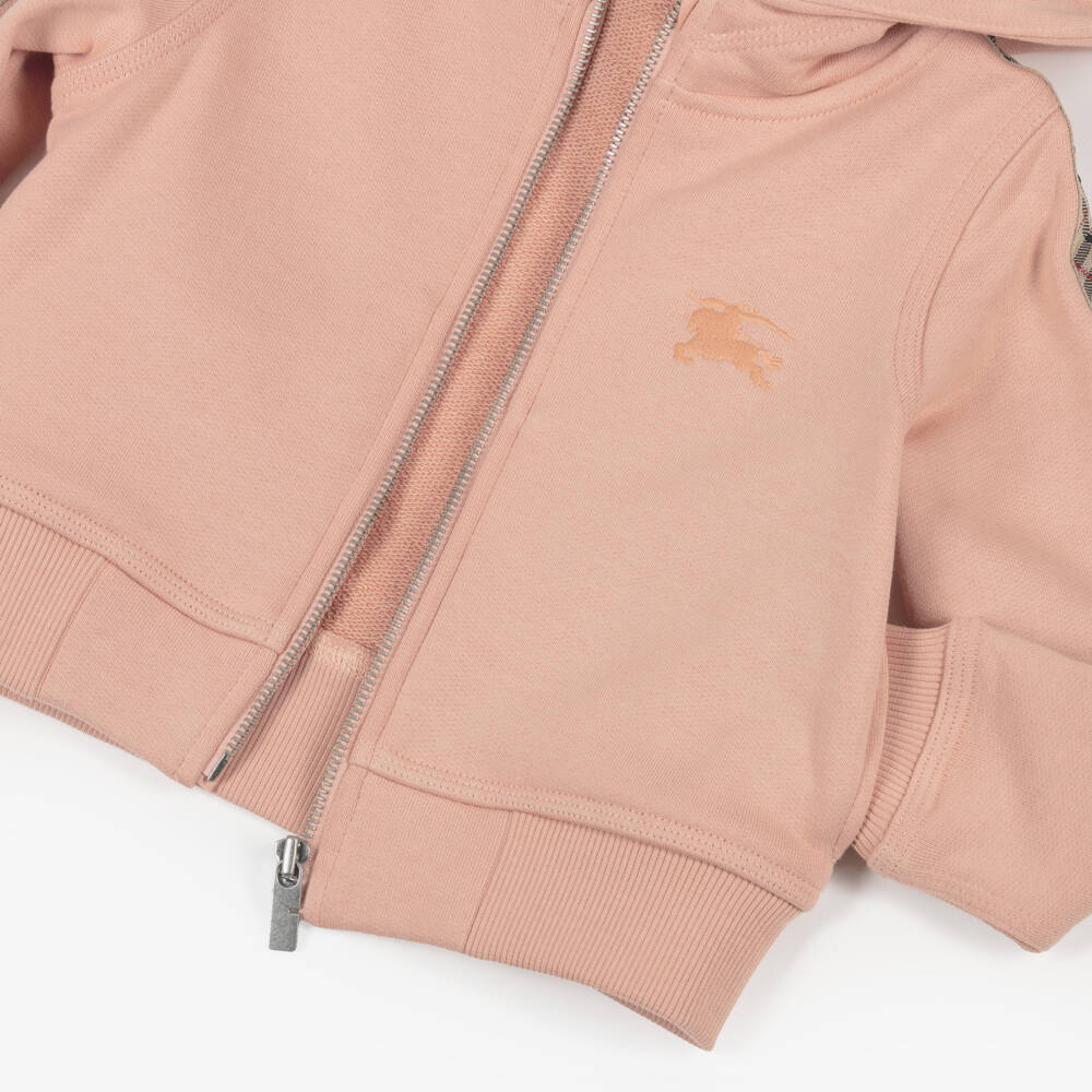 Burberry-Girls Pink Cotton Zip-Up Hoodie with Check Trim & EKD Logo | Childrensalon Outlet