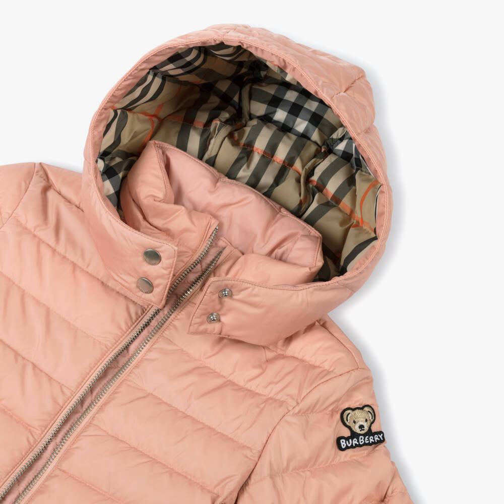 Burberry-Girls Pink Hooded Down Puffer Jacket | Childrensalon Outlet