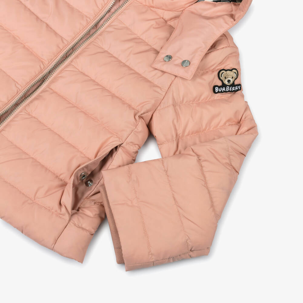 Burberry-Girls Pink Hooded Down Puffer Jacket | Childrensalon Outlet