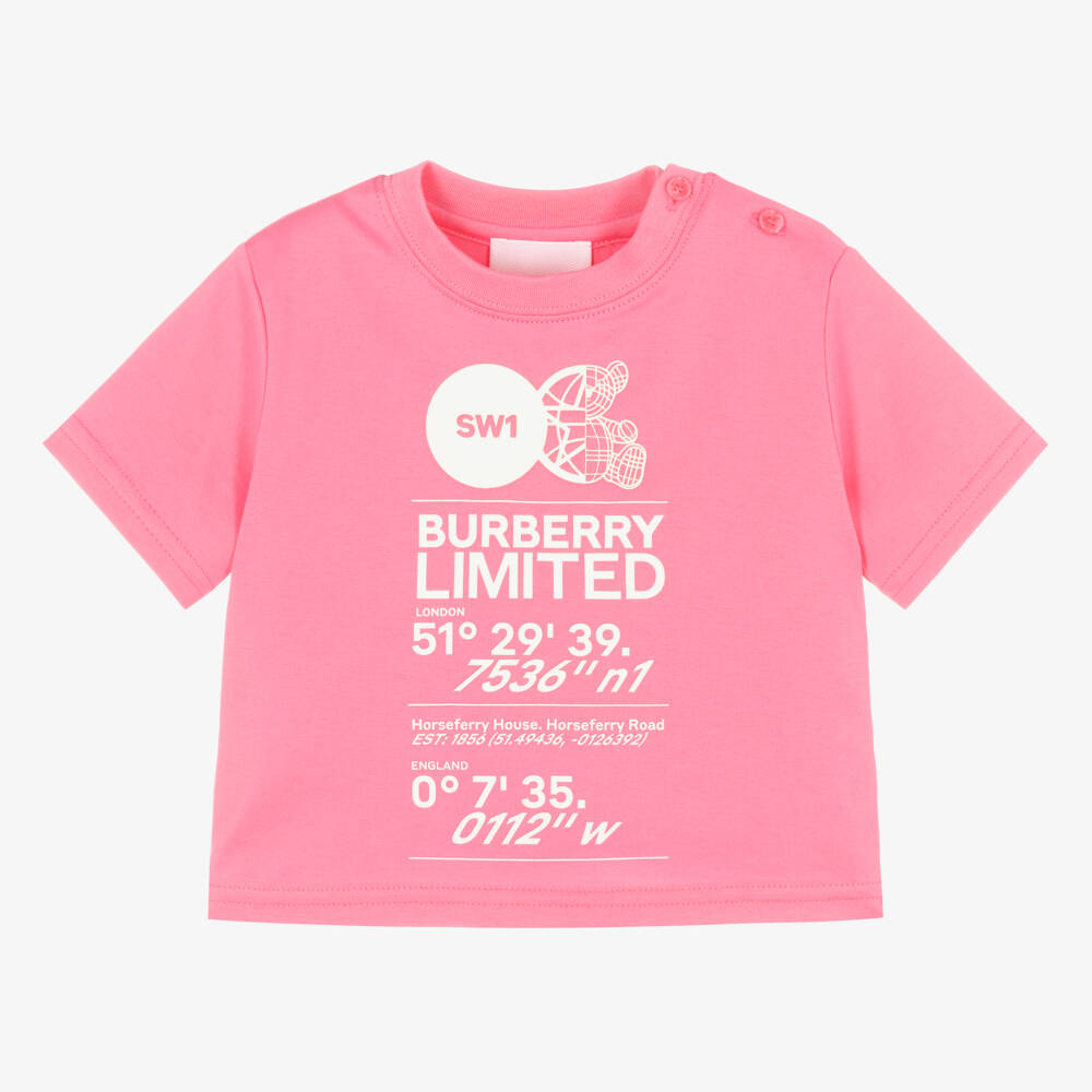 Burberry-Girls Pink Logo Cotton Tee | Childrensalon Outlet