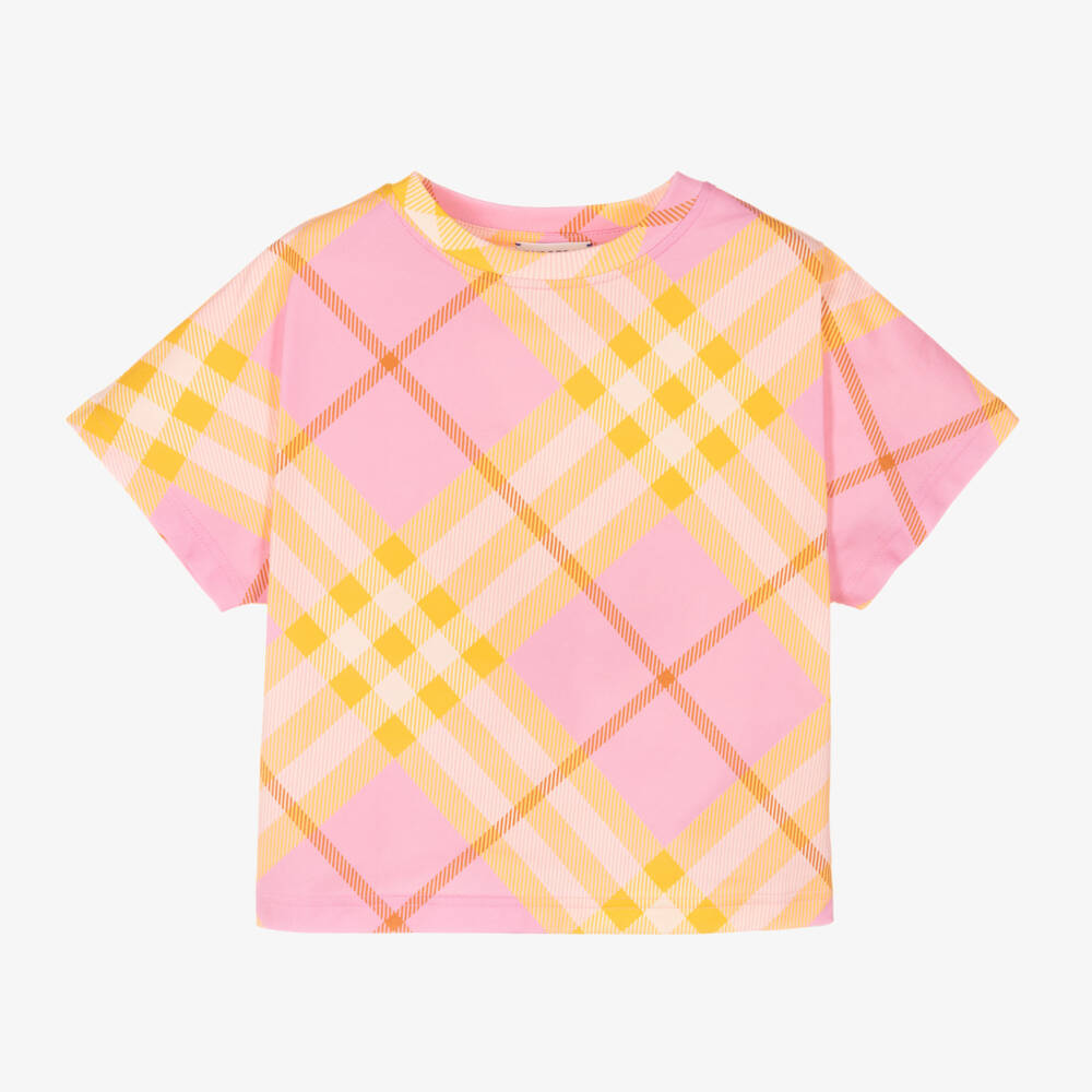 Burberry-تيشيرت كاروهات قطن لون زهري  | Childrensalon Outlet