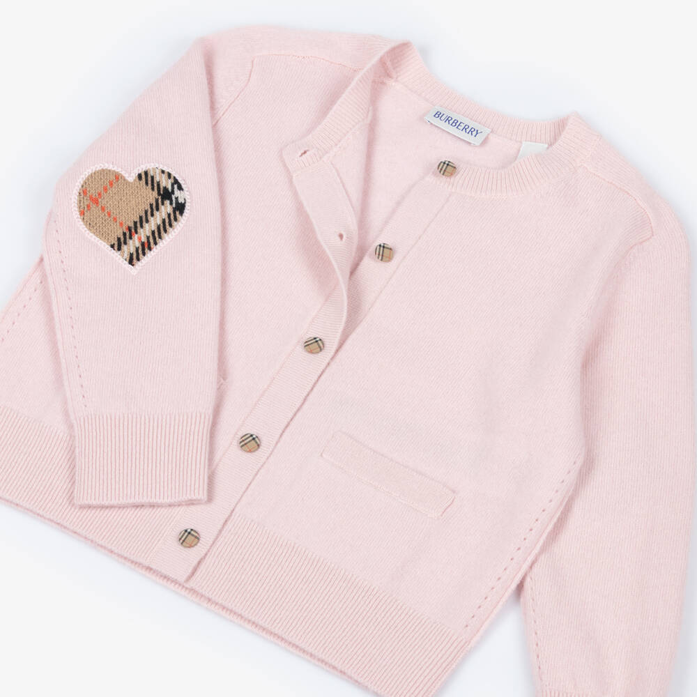 Burberry-Girls Pink Wool Cardigan with Check Buttons & Elbow Patches | Childrensalon Outlet